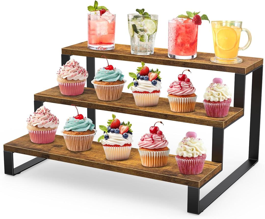 ELITEROO Wooden Display Riser Stand, 3 Tier Display Risers, Tiered Cabinet Organizer, Widened Display Rack Shelf Kitchen Counter Shelf for Makeup Perfume Figure Dolls Collection Condiment Candles