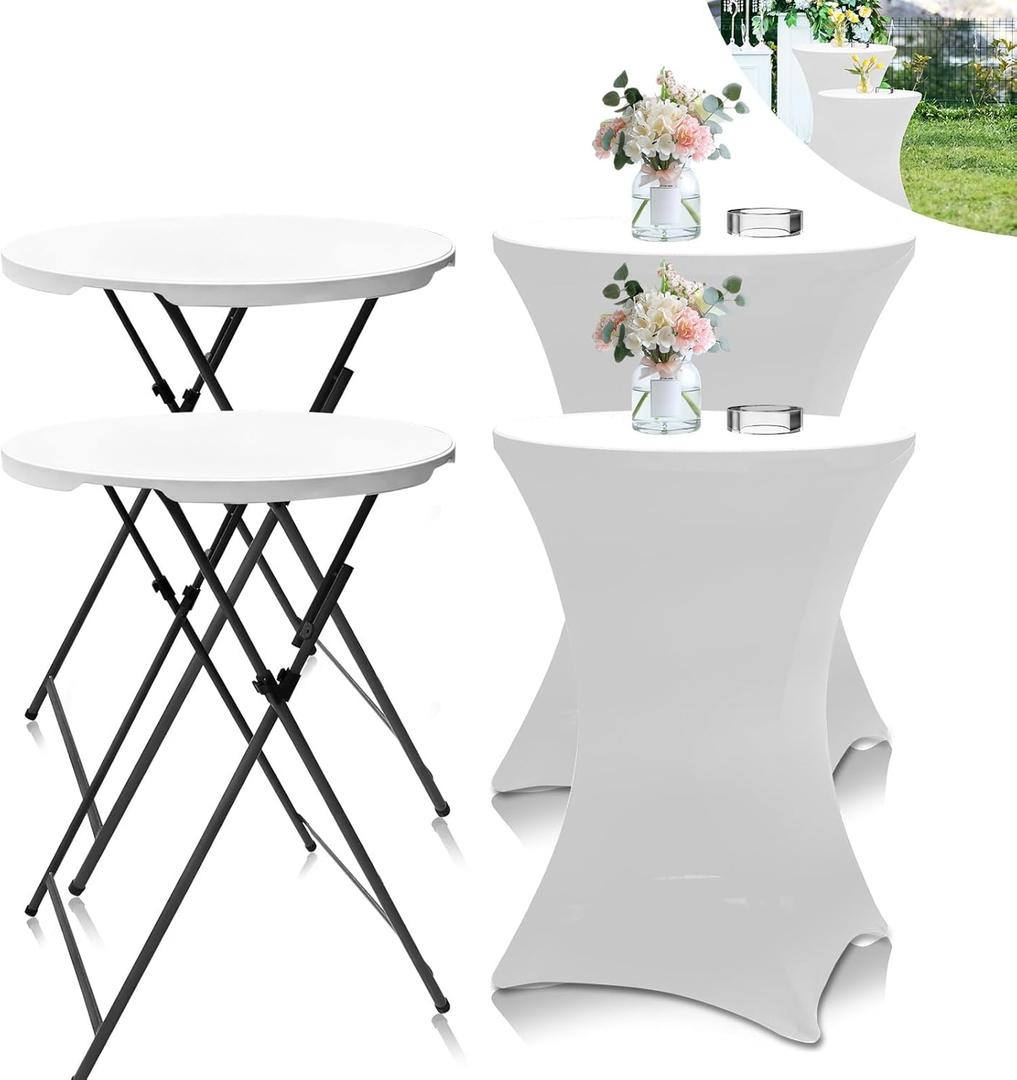 2Sets 32in Hightop Folding Cocktail Tables+Covers, White-Spandex Stretch Folding Bar Table Covers, Removable Legs Bar Height Folding Table Outdoor Indoor Use (2+2White/2Covers+2Tables)