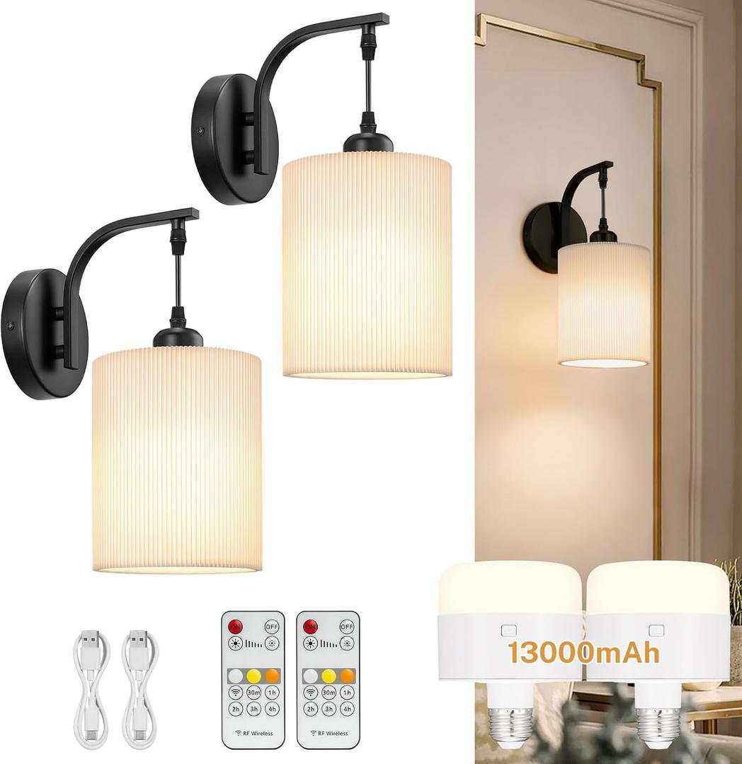 Battery Operated Wall Sconce Set of Two, Pleated Fabric Rechargeable Wireless Wall Sconces with 13000mAh Bulb & Dimmable, Battery Sconces Wall Light Decor Set of 2 for Living Room, Black