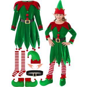 6 Pack Christmas Kids Elf Costume, Girls Christmas Elf Costume Velvet Dress Cosplay Outfit Belt Socks Ears Hat Shoes (8-10 Years)