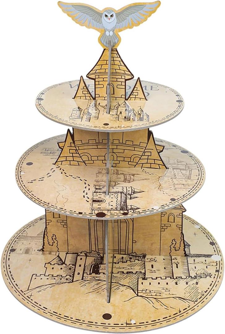 3 Tier Halloween Wizard Cupcake Stand, Vintage Castle Party Cake Holder, Rustic Decor for Camping/Baby Shower/Birthday Decoration, Birds Hunting Forest Safari Party Supplies
