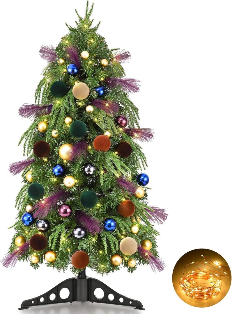 Livole 3 FT Small Christmas Tree with 50 Lights & Timer, Pre-Decorated Tabletop Mini Christmas Tree with 81 PCS Ornaments & Pampas, 128 Branches Xmas Trees for Table Christmas Decor