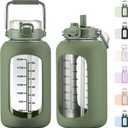 MUKOKO 84oz Glass Water Bottle with Time Marker and Silicone Sleeve 2.5L Water Jug with Stainless Steel Handle Gallon Drinking Bottle with 2-in-1 Lid Wide Mouth BPA Free, Olive