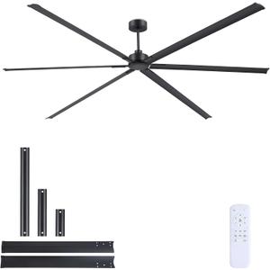 JSAITEE 108 Inch Industrial Ceiling Fan, Reversible Quiet DC Motor, 6 Blades, 3 Downrods, 6 Speed Remote Control, Large No-Light Ceiling Fan for Residential, Commercial Spaces, Porch Garage Shop,Black