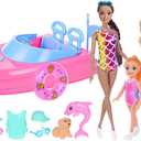 dollbie Fashion Dolls and Boat Playset - 11.5 Inch Dolls with Swimwear, Life Vests, Accessories, 5.5 Inch Doll, Pet Puppy and Dolphin Toy - Summer Beach Adventure Gift Set for Girls