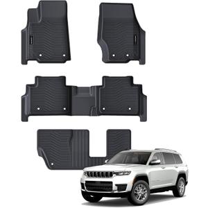 Auxko All Weather Floor Mats Fit for Jeep Grand Cherokee L 7 Seat(2nd Row Bench Seat) 2021-2024 2025 TPE Rubber Liners Accessories All Season Guard Odorless 3 Row Black (3 row floor mats)