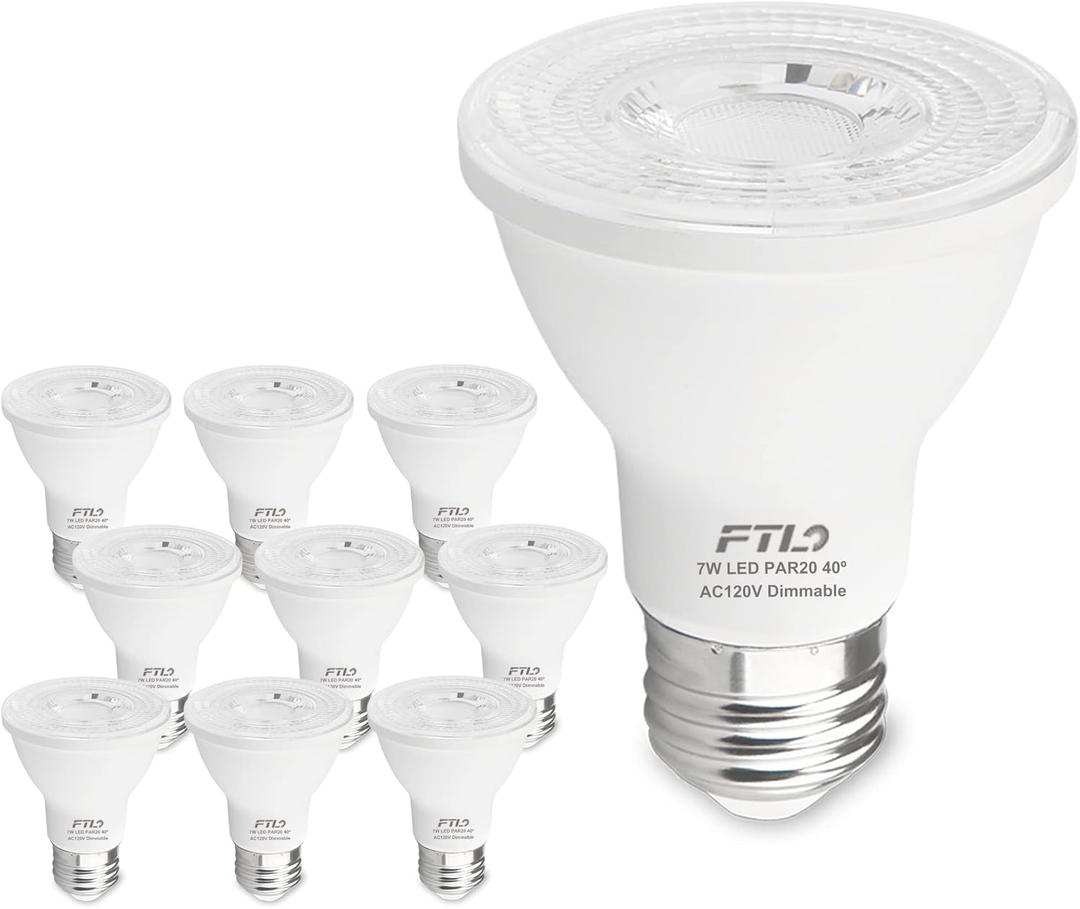 FTL PAR20 LED Bulbs 5000K Daylight White, 7W 600LM 50W 60W Equivalent, Dimmable Spot Light Bulb, E26 Base, Indoor Outdoor Flood Light, 10-Pack
