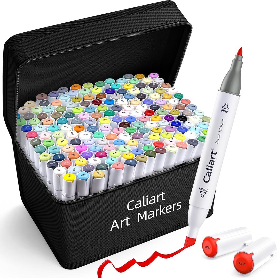 Caliart Alcohol Based Markers, 180 Colors Art Marker Set Fine & Chisel Dual Tip, Permanent Colored Pens for Adults Coloring Book Artists Illustration Sketch Lettering Drawing Cards Planner