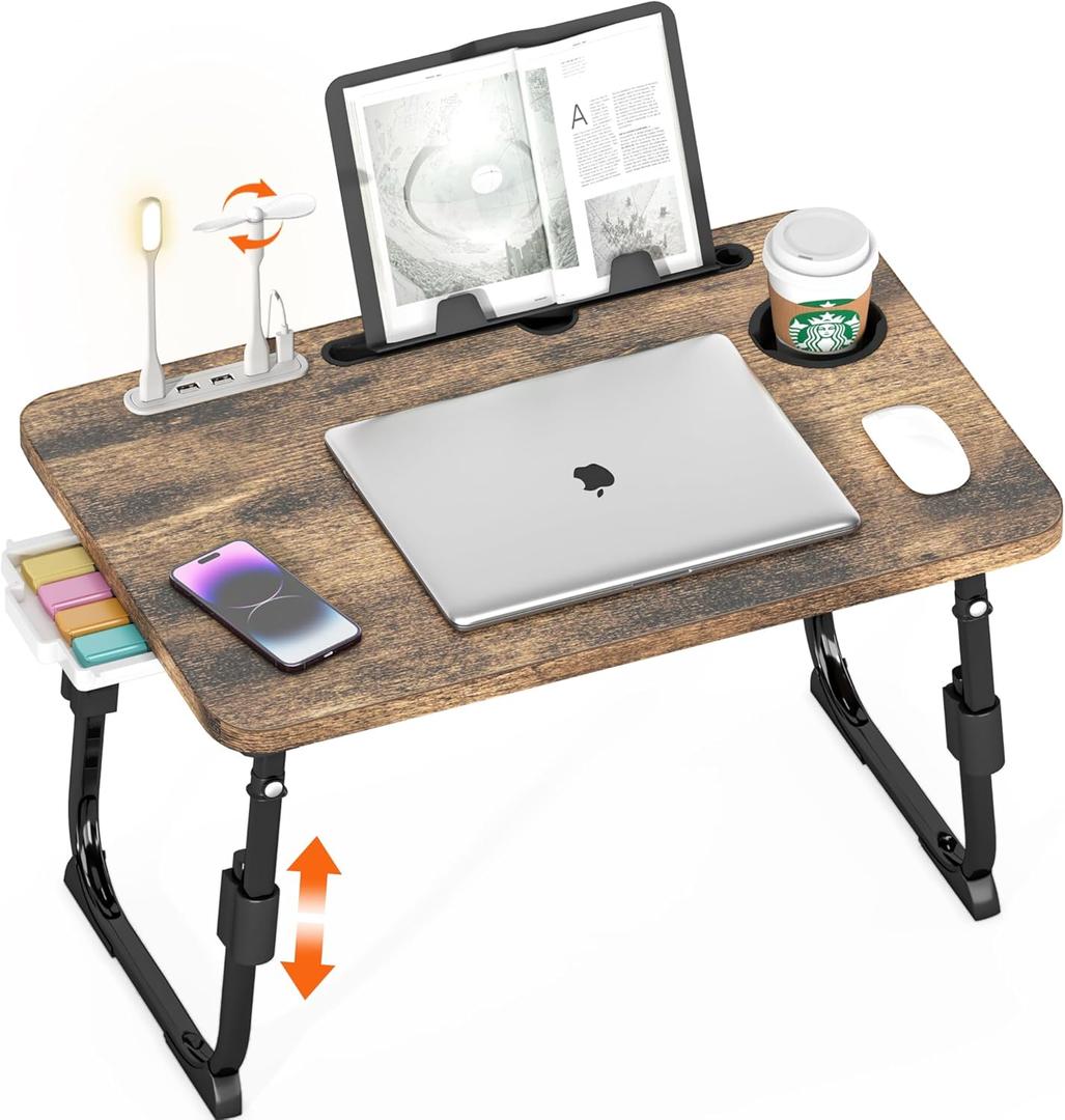 Laptop Desk for Bed Height Adjustable, Lap Bed Table with USB/Storage Drawer/Cup Holder/Tablet Stand/Book Shelf, Foldable Breakfast Tray Portable for Reading Writing, Sofa & Floor, Carbonized Laptop Desk for Bed Height Adjustable, Lap Bed Table with USB/Storage Drawer/Cup Holder/Tablet Stand/Book Shelf, Foldable Breakfast Tray Portable for Reading Writing, Sofa & Floor, Carbonized
