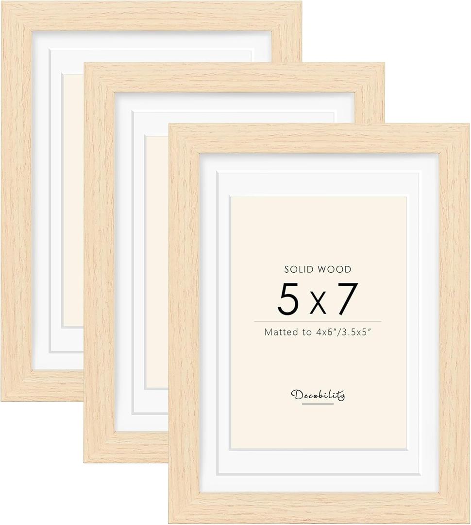 5x7 Picture Frames Matted for 4x6 and 3.5x5 photo Set of 3, Solid Wood with Oak Wood Grain, Double Mats Photo Frame with Tempered Real Glass, Tabletop or Wall Mounting Display (3 Pack of Oak)