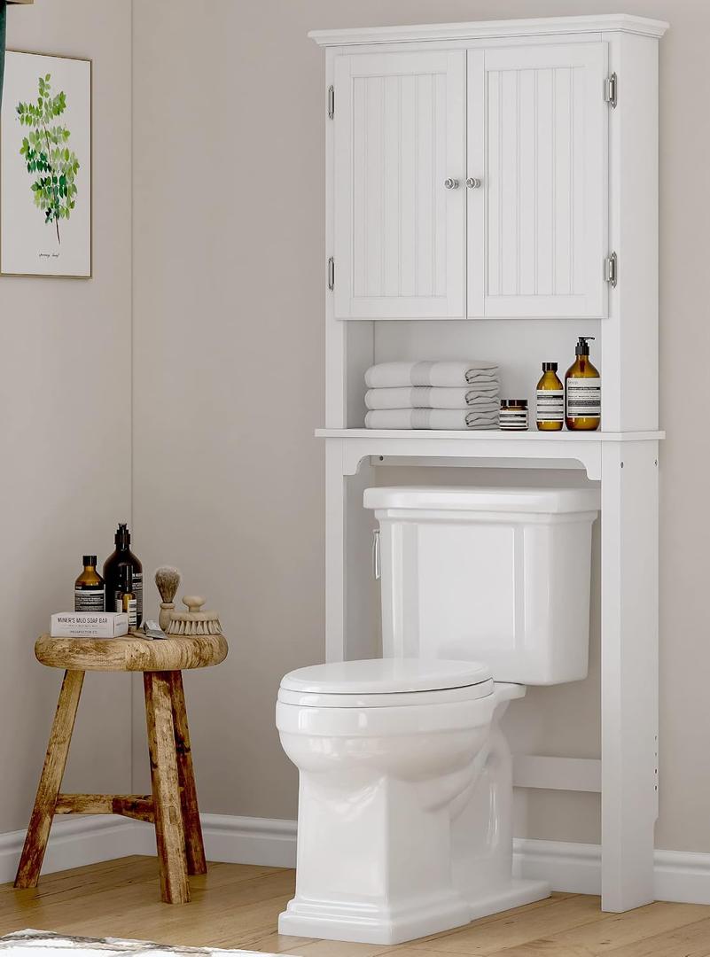 UTEX Over The Toilet Storage Cabinet, Over Toilet Bathroom Organizer with Adjustable Shelves and Double Doors, White, 8"d X 27"w X 66"h