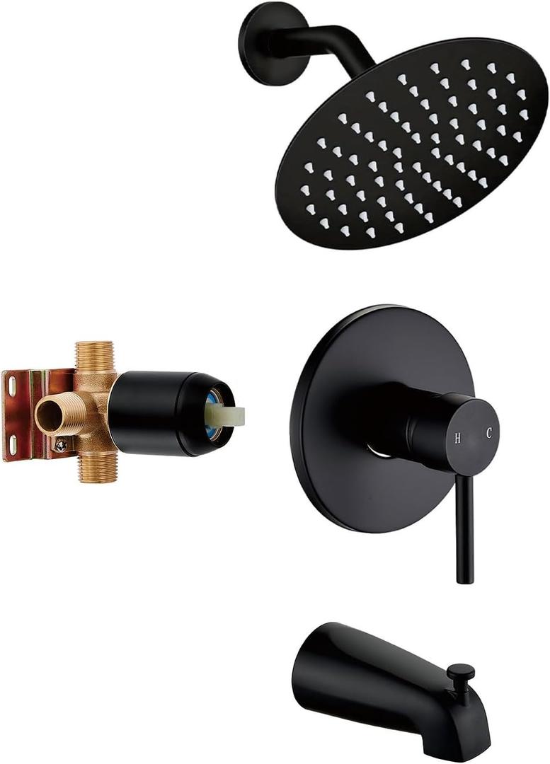 Black Tub Shower Faucet Set Complete with 6-Inch Rainfall Shower Head and Tub Spout Included Shower Valve Tub Shower Trim Kit Round Matte Black