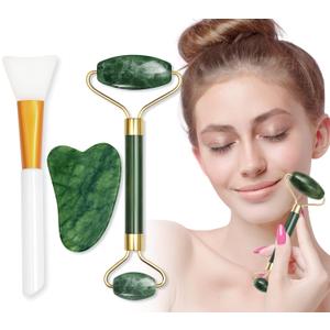 Jade Roller Gua Sha Set, Face Rollers Skin Care Massage Tools, 3 In 1 Natural Facial Roller Stone for Face, Neck, Eye Treatment Body Muscle Relaxing and Relieve Fine Lines and Wrinkles,Gift for Women