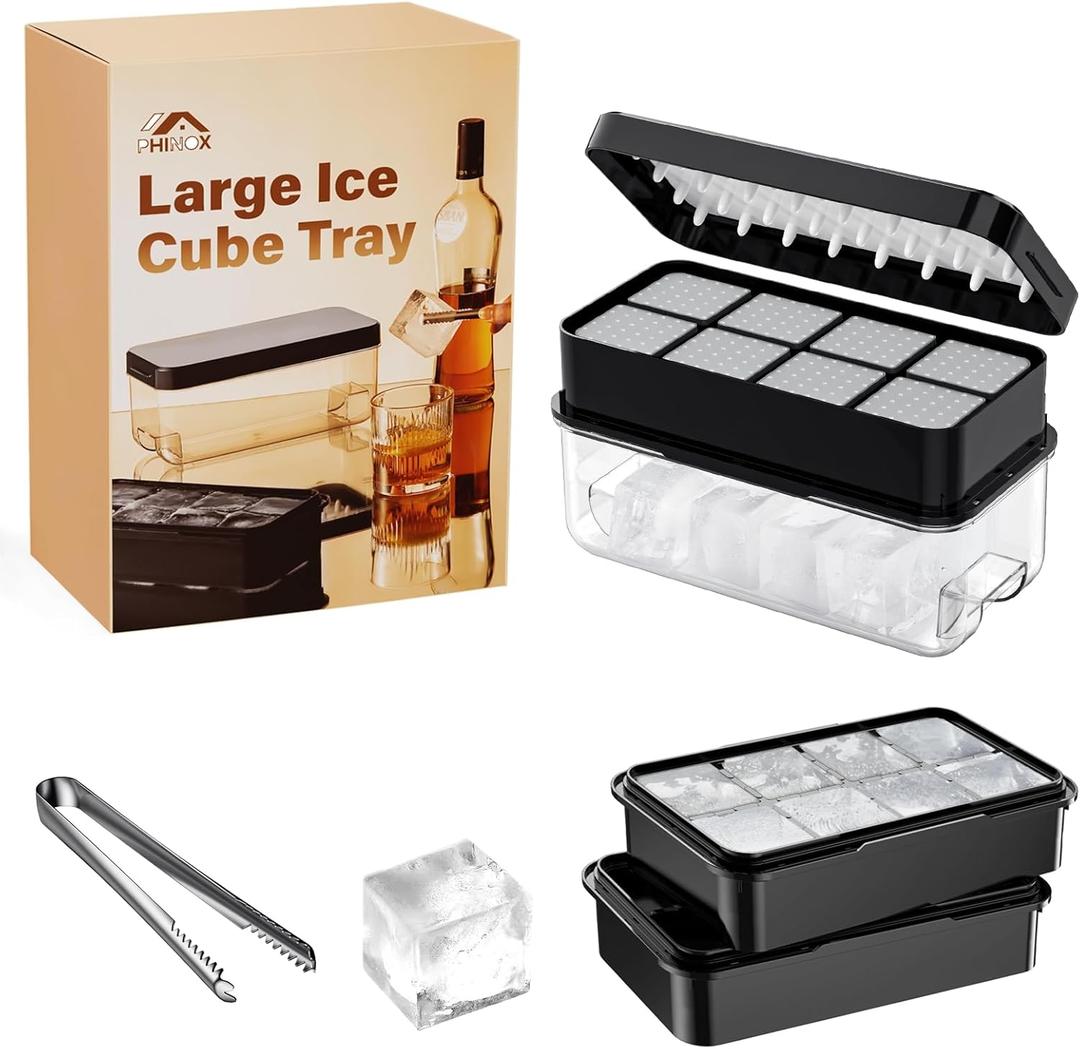 PHINOX Large Ice Cube Tray with Lid and Bin, Ice Trays for Freezer, 2 INCH Whiskey Ice Cubes Mold, 2*8 pcs Square Ice Cube Mold with Tong, Easy to Release, Large Ice Tray for Drinks (Black)