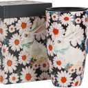 DUSVALLY Ceramic Tall Coffee Mug, Friends Coffee Cup Gift Set, Travel Mug with Lid for Office and Home, Unique Gifts for Women and Man, Color Box, 17 oz Large Cup, Flower and Rabbit