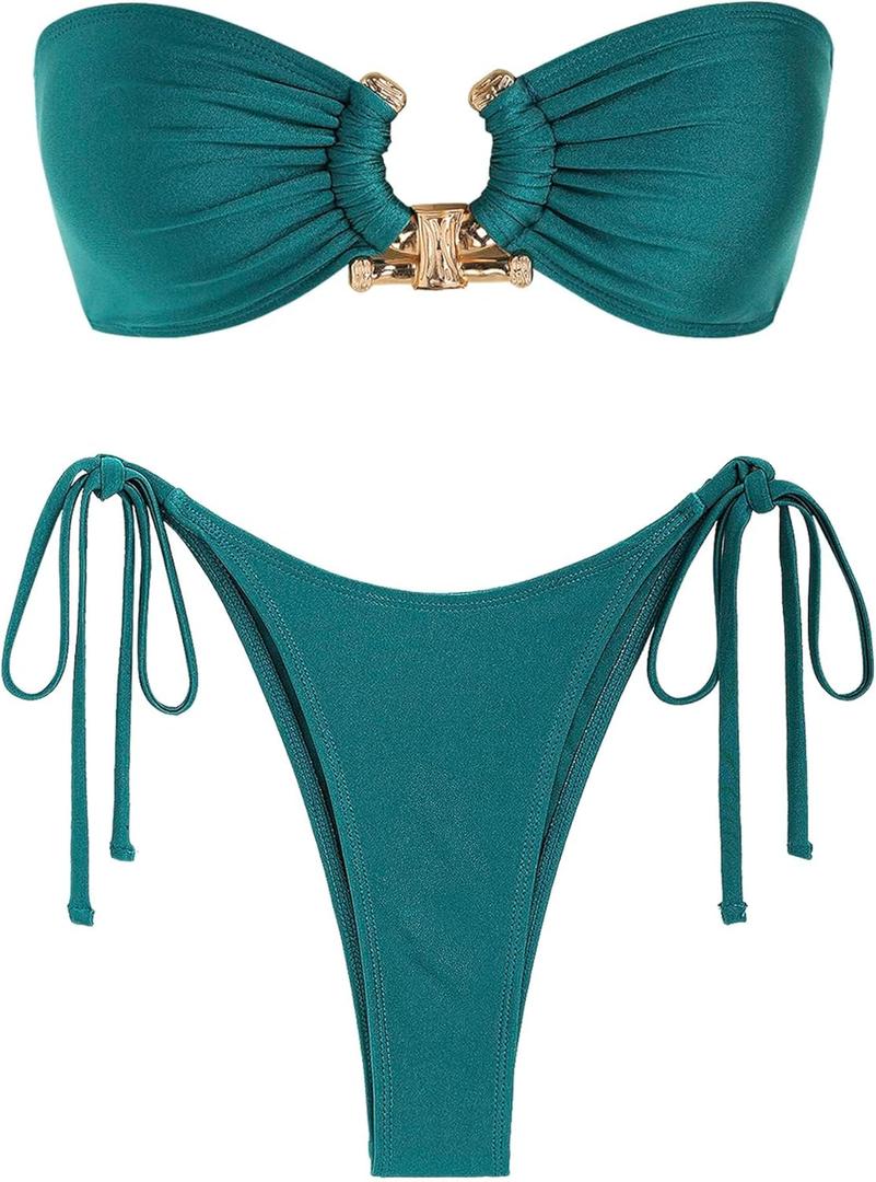 ZAFUL Metal Ring Bandeau Bikini Set Tie Side Bathing Suit High Cut 2 Piece Swimsuit Cutout Swimwear (Large, Silky Green)