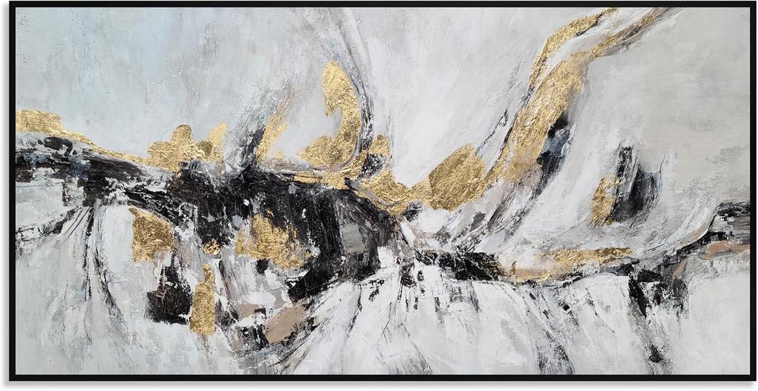 Yihui Arts Black White Gold Canvas Wall Art Hand Painted Abstract Painting Modern Decor (32"L x 16"W)