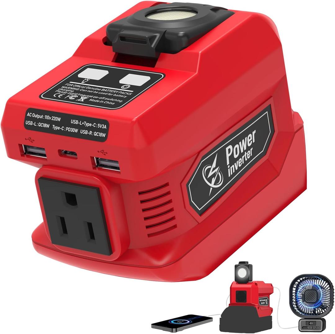 220W Power Inverter Compatible with Milwaukee 18V Battery, DC 18V to AC 110V-120V Portable Power Generator, Inverter with 2 USB Ports 1 Type-C 1 AC Outlet, 400 Lumen Light