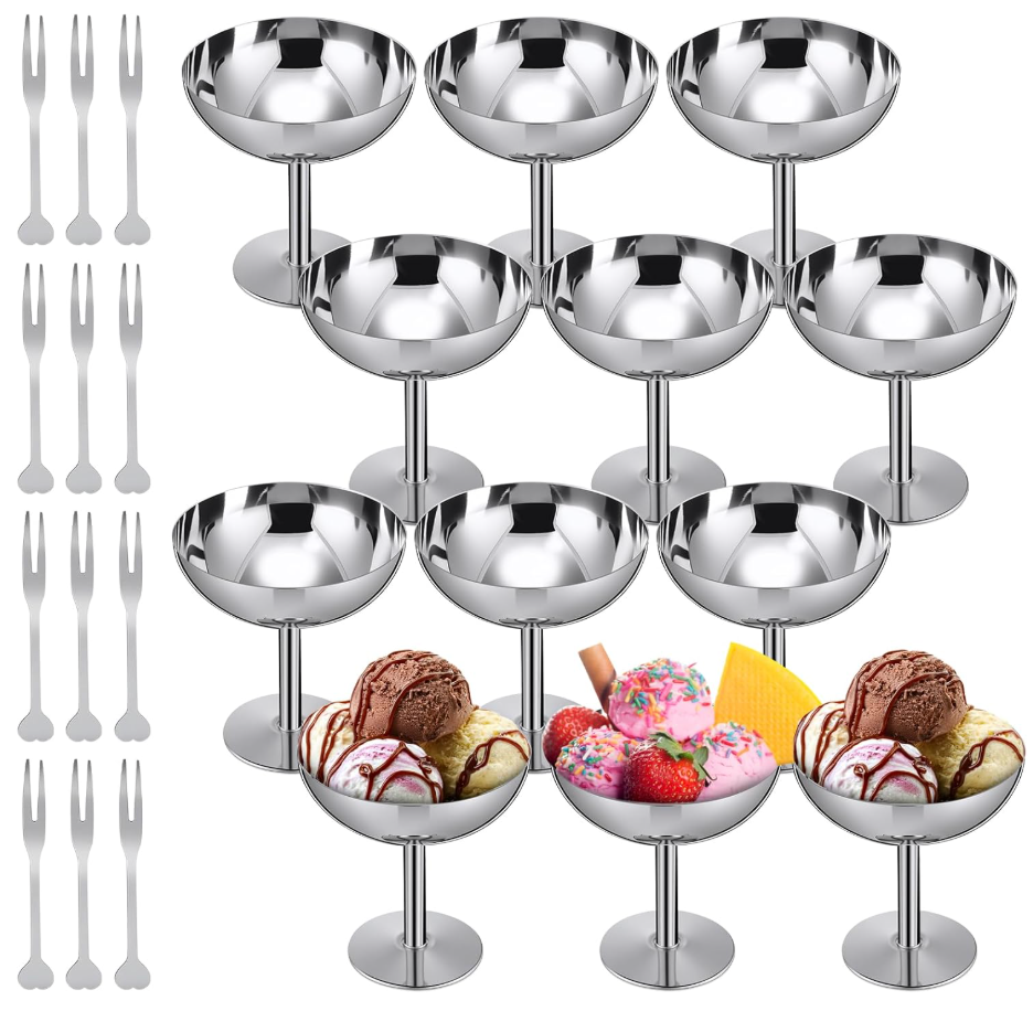 Reallnaive 6 Sets Stainless Steel Ice Cream Cups 6.7 Oz Small Footed Bowls with Forks Bulk Stainless Dessert Cup for Serving Pudding Fruit Summer Birthday Party Supply (Glossy,Silver)