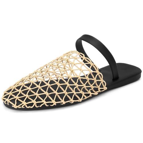 Allegra K Women's Slip on Mesh Flats Braide Slides Khaki Sandals, Size 40