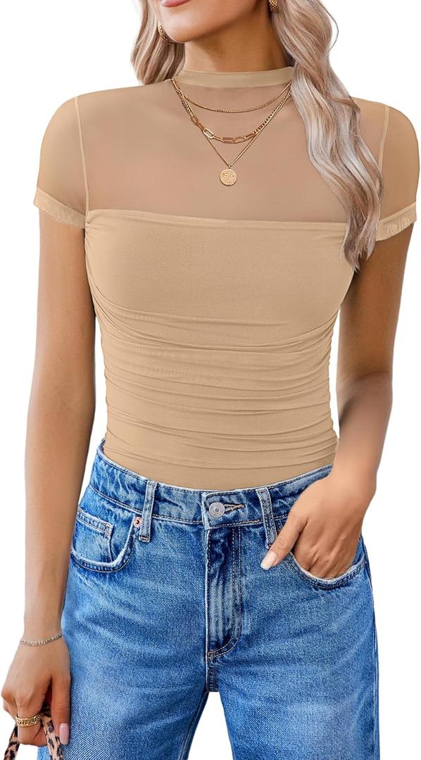 Avidlove Women's Short Sleeve Bodysuit Turtle Neck Body Suits Mesh One Piece Leotard Going Out Tops Date Outfits (Medium, Nude)