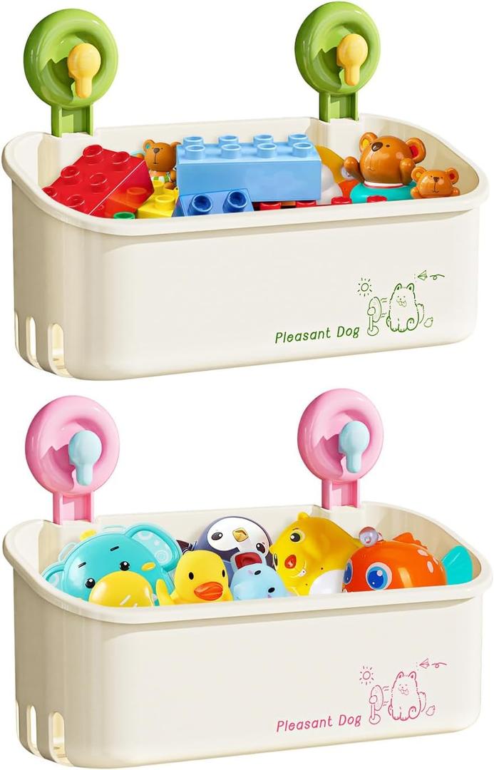 Bath Toy Storage - Wall Mounted Bath Toy Holder with Suction Cup, Quick Drain Large Capacity Bathtub Toy Storage for Bathroom (Green + Pink)