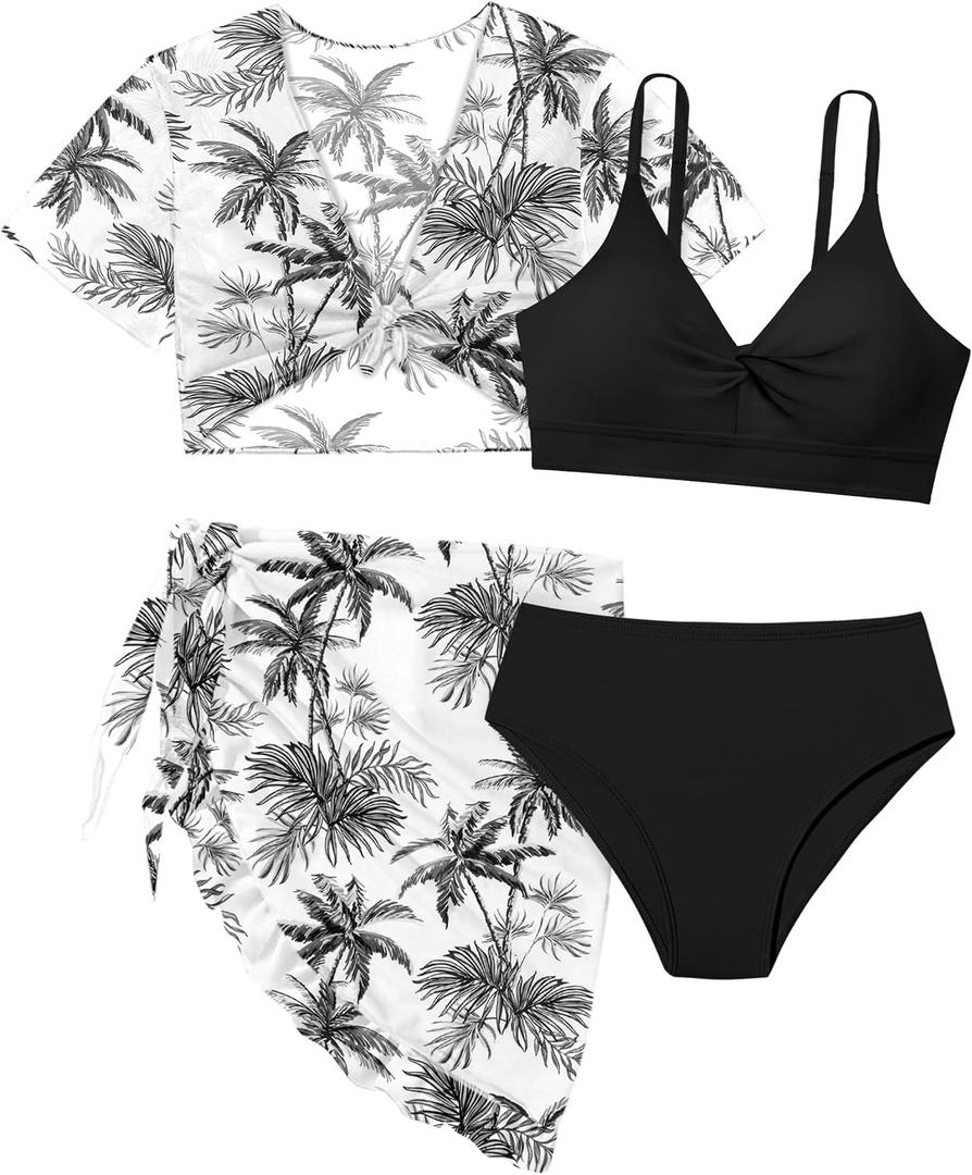 Girls Swimsuit 4 Piece Tropical Print Bikini Set Twist Criss Cross Bathing Suit with Kimono and Cover Up, (11-12 Years, Black Palm Tree)