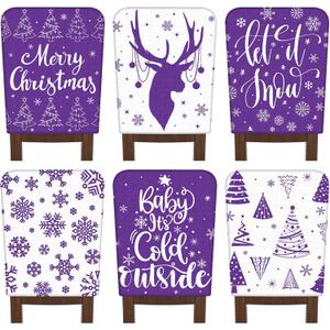 FuWeave 6 Pcs Christmas Chair Covers Purple White Snowflake Chair Back Covers Xmas Chair Protector Slipcovers Washable Winter Dining Room Seat Covers for Home Hotel Kitchen Decorations