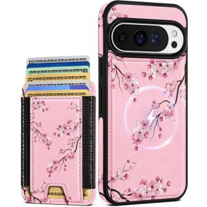 Shorogyt for Google Pixel 9/9Pro Cute Kawaii Leather Phone Case - Compatible with Magsafe Wallet Magnetic Credit Card Holder Peach Blossom Design Phone Cover for Women Girls, Fits 7 Cards