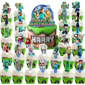 38 Pcs Birthday Party Decorations, Pixel Styled Gamer Party Supplies Include Happy Birthday Banner, Balloons, Cake Toppers, Cartoon Party Celebrate Supplies