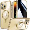 [CD Metal Ring Stand + Built-in Privacy Screen Protector] Magnetic Case for iPhone 14 Pro Max 6.7" [Soft Bumper Full Signal] [Compatible with MagSafe] 9H Glass Full Body Shockproof Clear Case, Gold