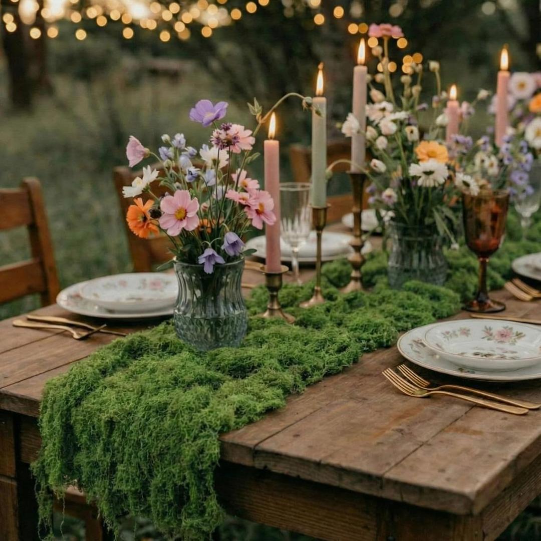 Wonderland Tea Party Decoration 47 x 12.6 Inches Artificial Dried Moss Table Runner Enchanted Forest Decorations Fairy Decor for Garden Spring Tea Party Holiday Wedding Dinner Birthday