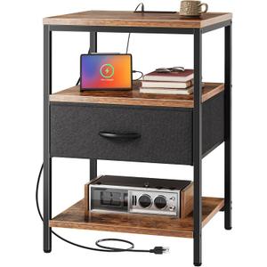 SUPERJARE Night Stand with Charger Station, 27.7 Inch Tall Nightstand with Adjustable Fabric Drawer, Bed Side Table, Fabric Drawer Dresser for Bedroom, Living Room, Rustic Brown and Black