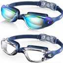 Aegend Swim Goggles, 2 Pack Swimming Goggles No Leaking Adult Men Women Youth (Aqua With Blue Strap &Black Clear With Blue Strap)