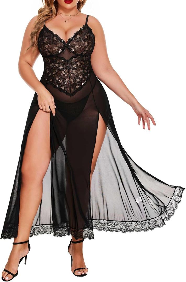 Avidlove Plus Size Lingerie for Women Sexy Lace Babydoll Long Lingerie Dress Side Split Nightgown (XX-Large, Black) Avidlove Plus Size Lingerie for Women Sexy Lace Babydoll Long Lingerie Dress Side Split Nightgown (XX-Large, Black)