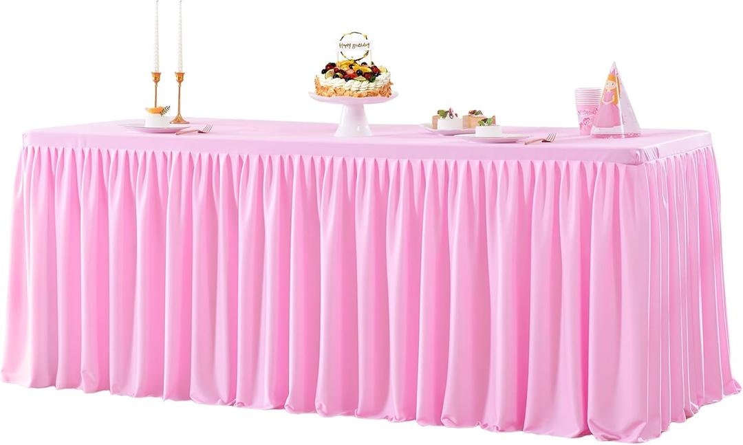 Pink Polyester Table Clothes for 8 Foot Rectangle Tables, Wrinkle Free Fitted Table Cover with Pleated Ruffle Table Skirt for Birthday Party Wedding Trade Show Event Display
