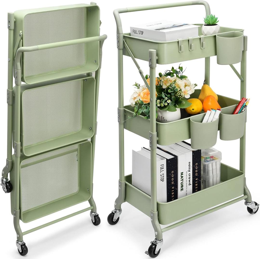 Foldable 3 Tier Rolling Cart, Metal Utility Cart, Folding Mobile MultiFunction Storage Trolley Organizer Cart for Home Library Office(Green)