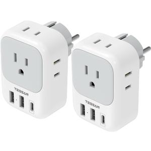 TESSAN 2 Pack Type E F Plug Adapter USB C, Germany France Power Adaptor with 3 USB Charger Ports, 4 AC Outlets Travel Plug for US to Europe EU Spain Iceland Korea Greece Russia German French
