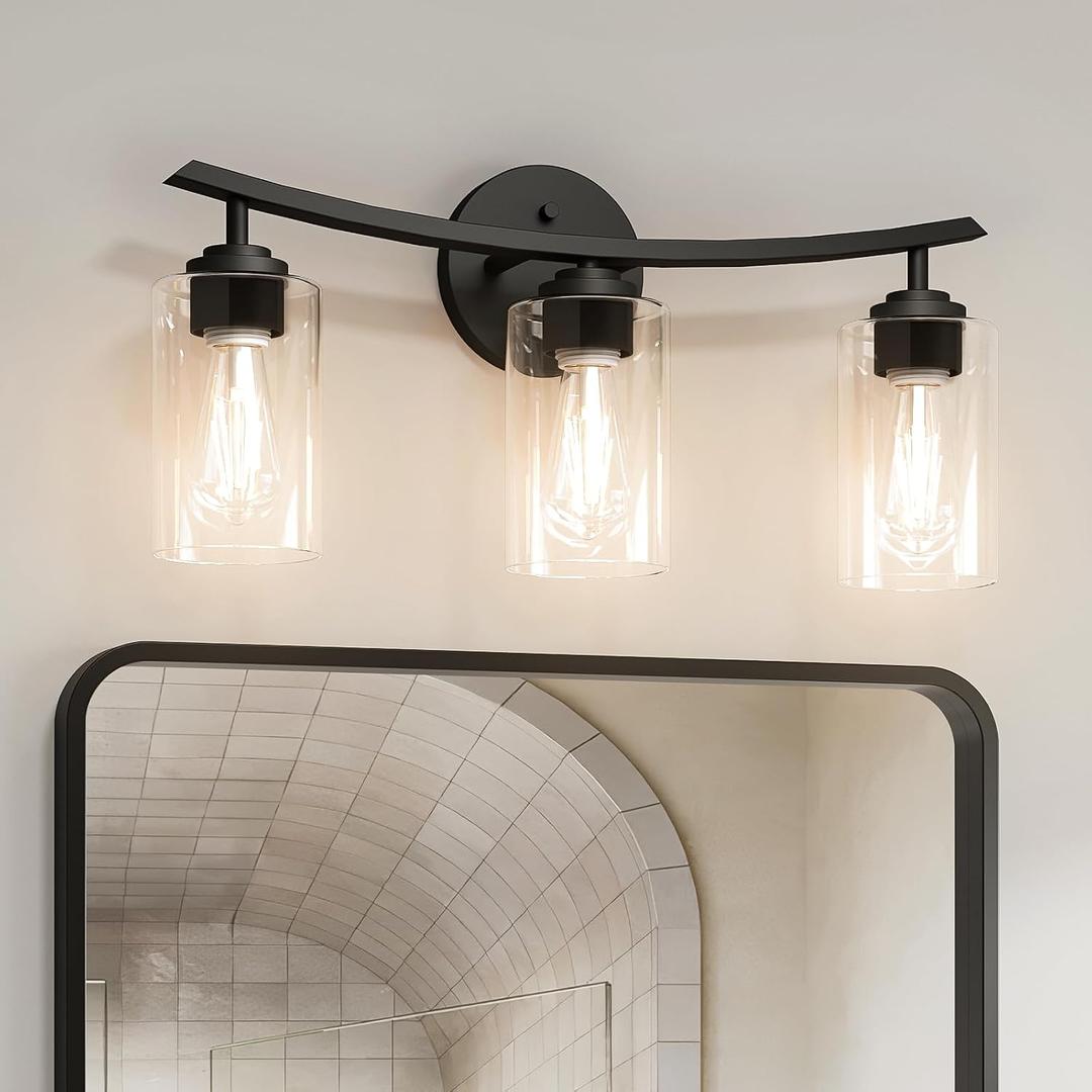 3-Light Arc Shape Bathroom Light Fixtures | Modern Black Vanity Light with Clear Glass Shades for Bathroom, Living Room, Hallway, E26 Base (Bulbs Excluded)