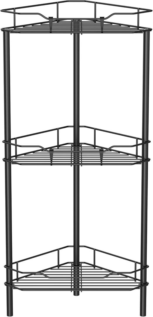 HuggieGems 3 Tier Floor Standing Corner Shower Caddy Organizer Shelf with Hooks, Bathroom Shelves Stand Rack, Black