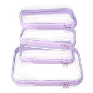 WELPIRT 4 pcs Clear Zipper Pouches,Hard Shell Zipper Case, Toiletry Bag for Travel, CLear Diaper Bag, Toiletry Pouch, Travel Organizer, Cosmetic Bag,Toy Storage Bins (M+3S) (Lavender)