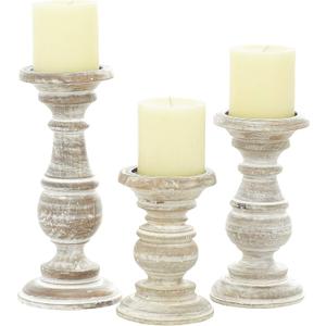 Deco 79 Mango Wood Decorative Candle Holder Turned Style Pillar Candle Stand, Set of 3 Candlestick Holder 6", 8", 10"H, Cream