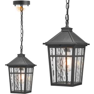 Large Outdoor Pendant Lights for Porch 15.2 Inch Dusk to Dawn Black Hanging Porch Lights Outdoor Waterproof Exterior Hanging Light Fixture with Adjustable Chain E26 Socket