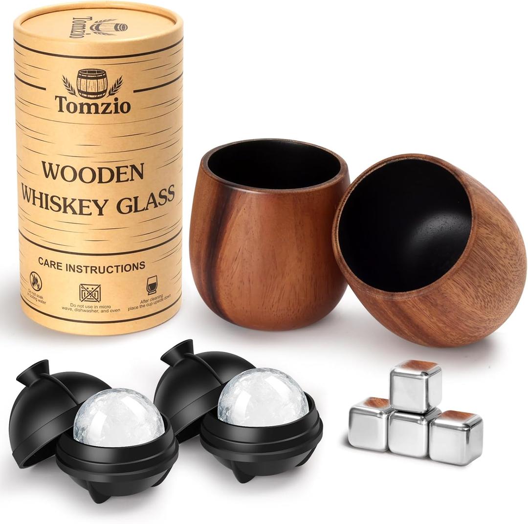 Charred Wooden Bourbon Drinking Glass Set of 2,11oz Handcrafted Premium Acacia Whiskey Tumbler,4 Stones & 2 Ice Ball Molds, Charred Old Fashioned Glass, Unique Bourbon Gifts for Men (2 Pack Charred)