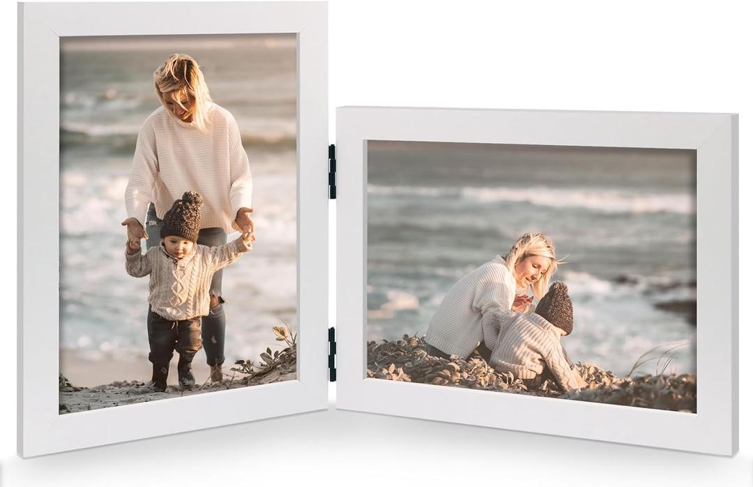 Vertical Horizontal Combo, Double 4x6 White Wood Foldable Picture Frame, Opening 3.5x5.5, Stand on Desk-top, Portrait and Landscape View