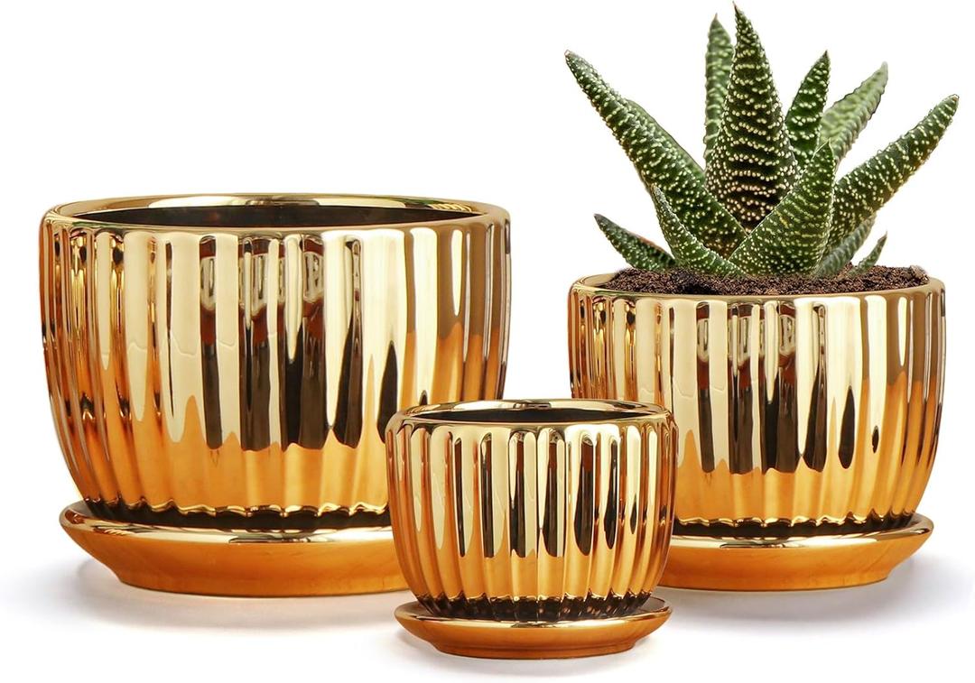 Ton Sin Gold Plant Pots,4.1+5.1+6.5 Inch Ceramic Succulent Planters Set of 3 Mini Indoor Flower Pot with Drainage,Handmade Decorative Ceramic Orchid and Herb Pots(Gold)