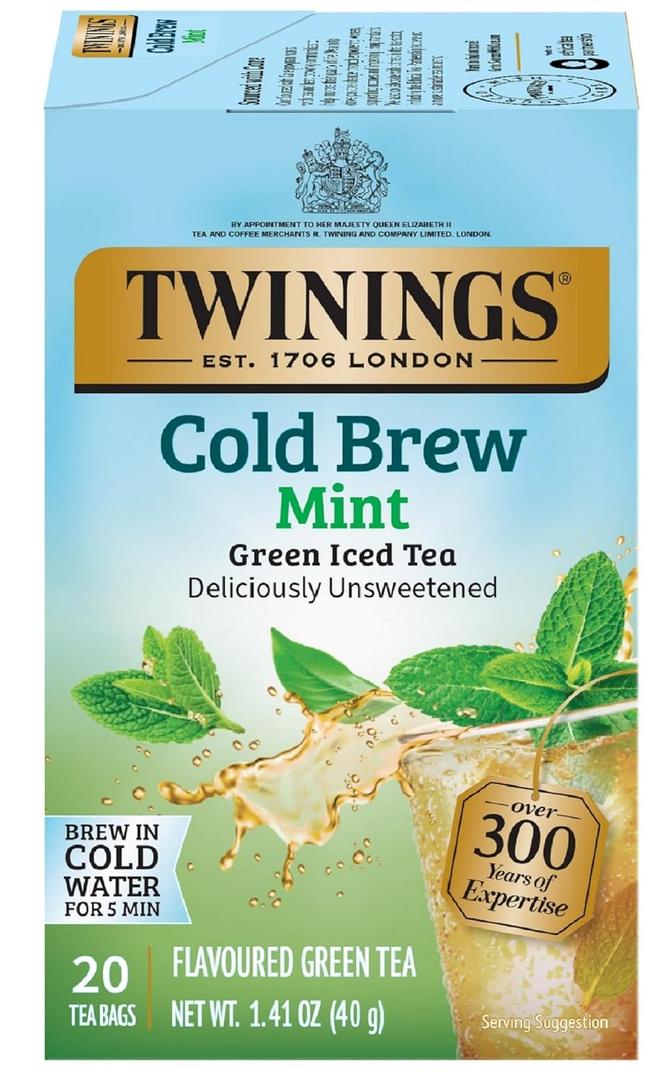 Twinings Cold Brewed Iced Tea - Mint Flavored Green Tea with Peppermint Leaves, Caffeinated Green and Black Tea Extracts, Unsweetened Cold Brew Tea Bags Individually Wrapped, 20 Count
 (EXP 03/17/28)