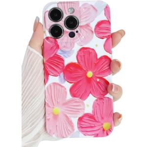 Compact for iPhone 12 Pro Case Floral Flowers Oil Painting Phone Case, Cute Trendy Soft Slim Shockproof Protective Cover Designed for Women Girls Aesthetic, Pink