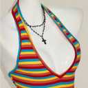 Women's Y2K Striped Backless Halter Top Sleeveless Low Cut V Neck Crop Tank Tops (S)
