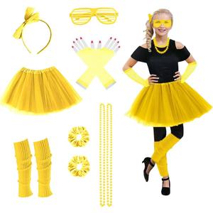 Joizomou Girls 80s Outfit Costume Accessories 7pcs 70s 1980s 90s Costumes (Yellow)